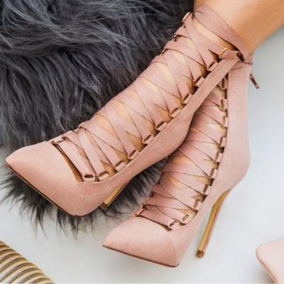 Gonice Pumps Women Fashion Spring Autumn Casual Bandage High Heel Stiletto Pumps Lace Up Boots Gladiator high-heeled Flock leather pumps shoes woman Basic Pointed toe Hollow outs nude platform wedding party nightclub evening shoes 333-46