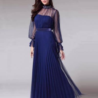 Blue Elegant Evening Dress Female Party Street Grace Lace Long Sleeve Dress