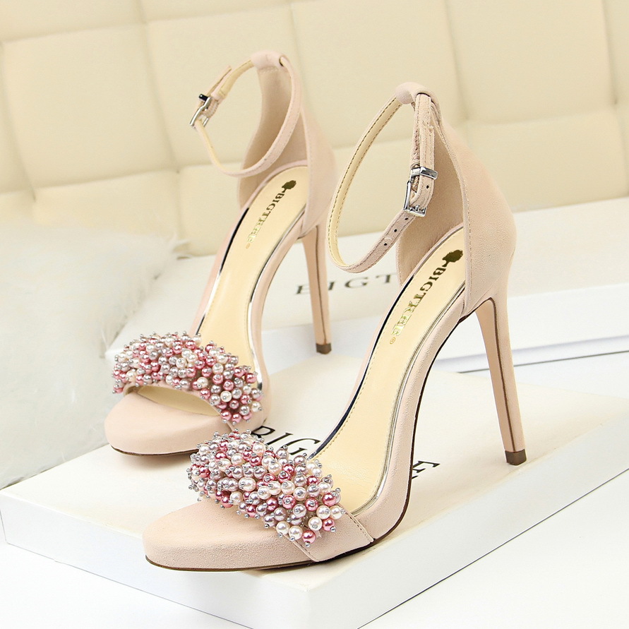 New Summer Women Sandals High Thin Heel Buckle Solid Pearl Fashion Sexy ...